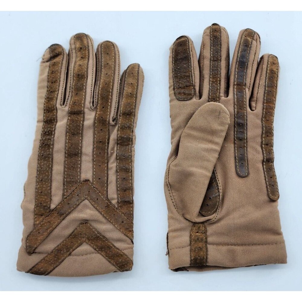 VTG Aris Isotoner Tan Women‎ Fleece Lined Gloves Suede Brown Trim Warm Ups Large - Picture 1 of 6